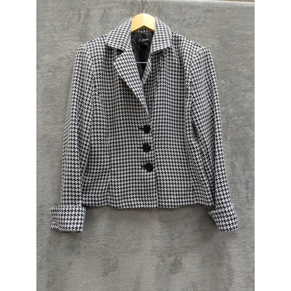 Dark Academia Houndstooth Blazer Women Size 14 T. Milano Black White Jacket